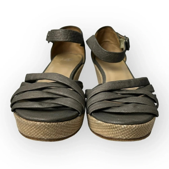 Eileen Fisher Gray Leather  Platform Ankle Strap Sandals - Picture 3 of 7